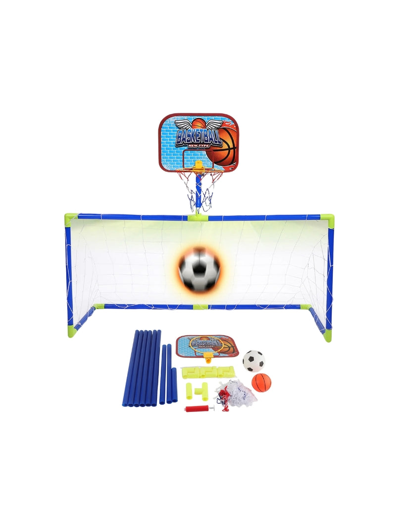 Portable Football and Basketball Rebound goal set components with frame parts, balls, and hoop.